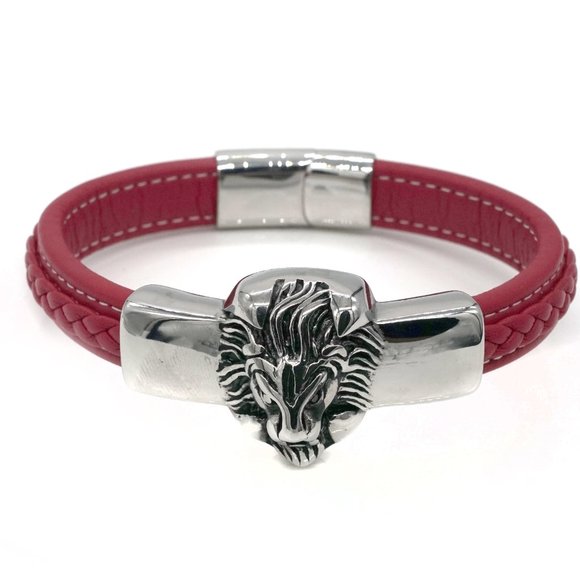 🎉HOST PICK🎉 Men's Red leather bracelet with Lions head and magnetic clasp. - Picture 2 of 5